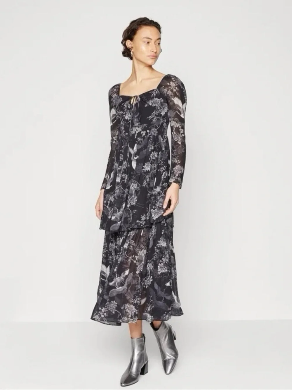 NEW All Saints Women’s Devyn Peggy Floral Print Long Sleeve Maxi Dress Black 0 - Picture 3 of 11